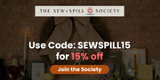 Promotional banner for The Sew+Spill Society with a discount code