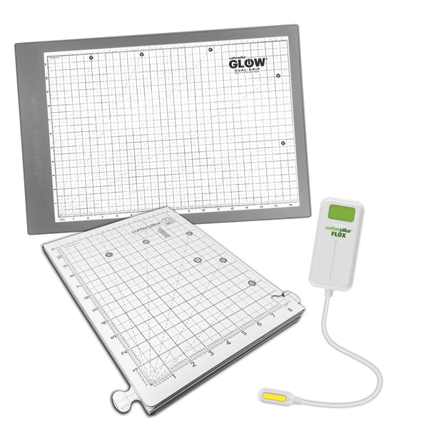 Grid cutting mat with light source on a white background