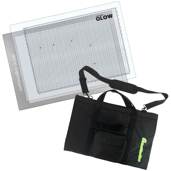 Grid cutting mat with 'Glow' branding and a black tote bag
