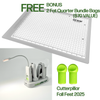 Cutterpillar sewing kit with cutting mat, LED lamp, and green accents on a white background.