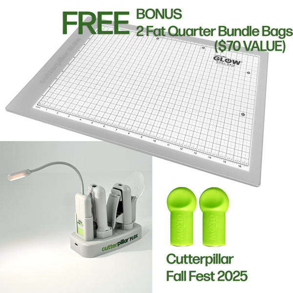 Cutterpillar sewing kit with cutting mat, LED lamp, and green accents on a white background.