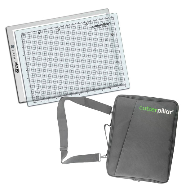 Grid cutting mat with carrying case on a white background, featuring 'cutterpillar' branding.