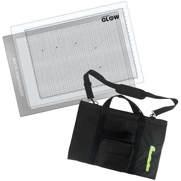 Grid cutting mat with 'Glow' branding and a black tote bag